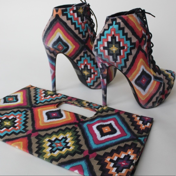 Multi Colored Print Tie Up Ankle Boot Heels - Picture 9 of 9
